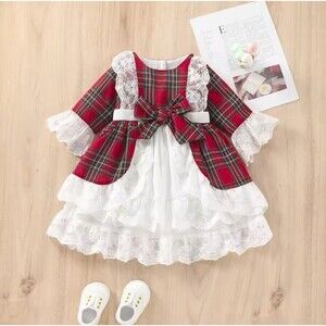 New Boutique Plaid Long Sleeve Christmas Toddler Lace Dress,  3T